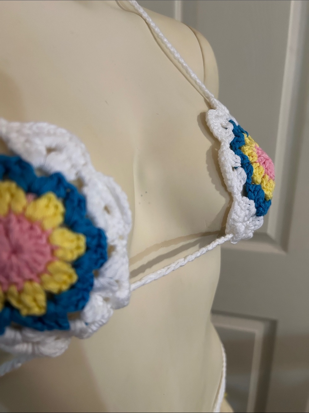 SHEIN White Crochet Floral Thong Bikini with Blue and Yellow Accents - Picture 8 of 10